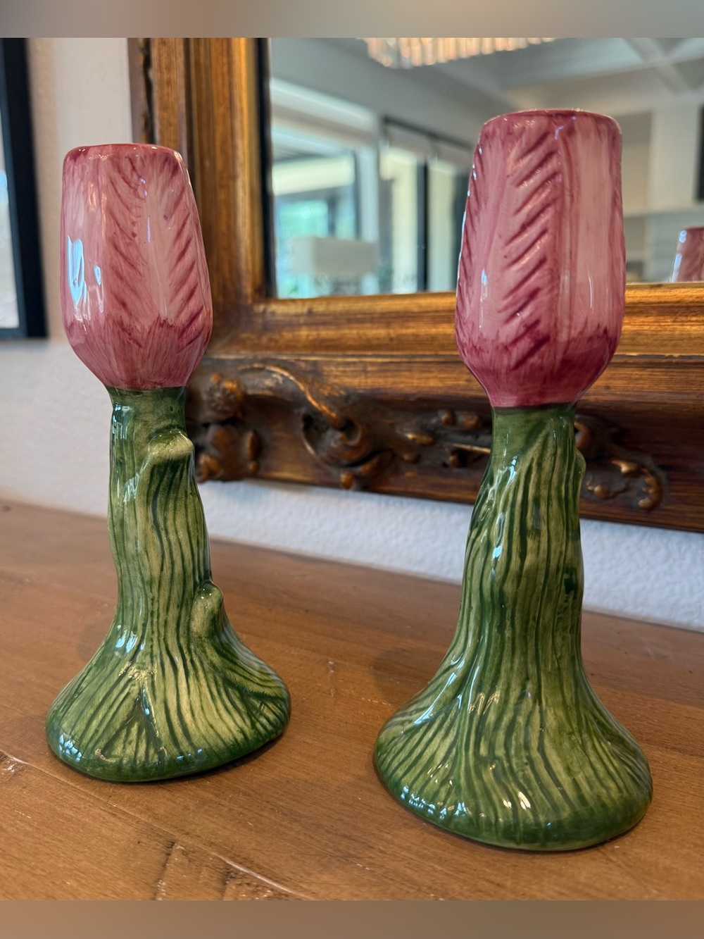 Vintage Tulip Candle Holders Pair Pink Green Floral Cottagecore Bud Vase